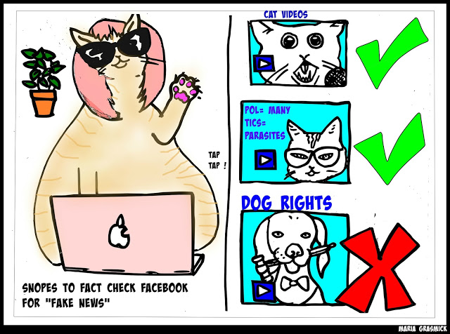 Snopes Cat to MONITOR ” FAKE NEWS” on FACEBOOK Social Media Political cartoon post thumbnail image