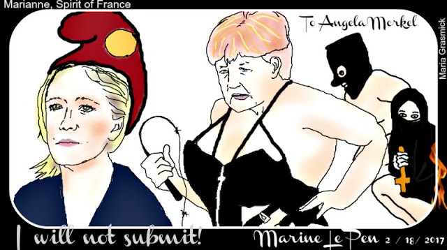 Marine le Pen to Angela Merkel I will not submit, political cartoon post thumbnail image