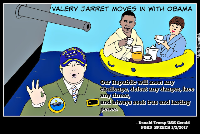USS GERALD R FORD SPEECH by #donaldtrump and #valeriejarrett and #obama moving in, POLITICAL CARTOON post thumbnail image