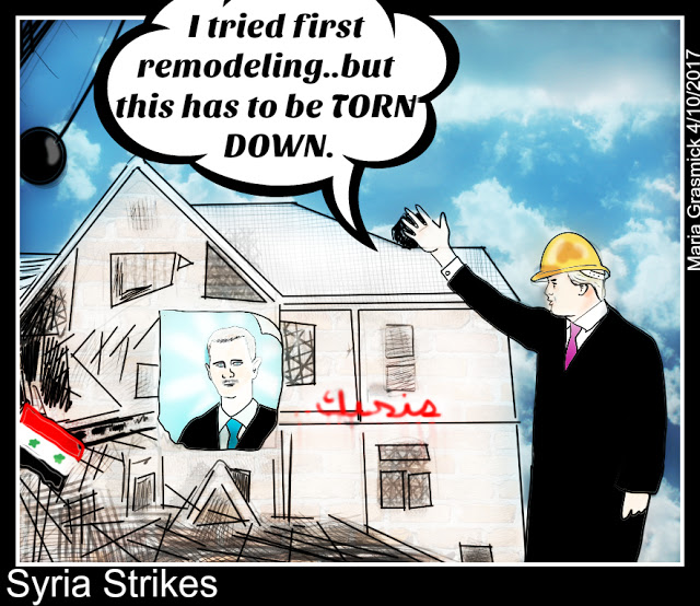 DONALD TRUMP, SYRIA STRIKES, as the builder rebuilding SYRIA , Political Cartoon post thumbnail image
