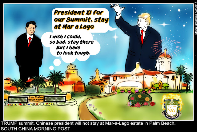 President XI of CHINA and DONALD TRUMP summit , Mar a lago, Political cartoon post thumbnail image