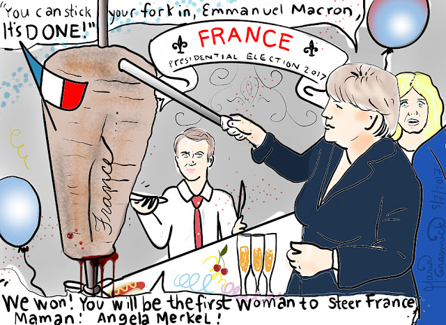 French Election , Emmanuel Macron, Marine Le Pen, Angela Merkel, Zero Hedge, Drudge, Alex Jones , Editorial Cartoon post thumbnail image