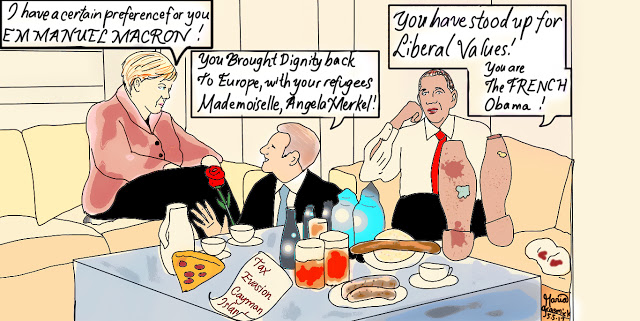 Emmanuel Macron, Tax Evasion, Angela Merkel, Barack Obama, Political Cartoon for DONALD TRUMP post thumbnail image