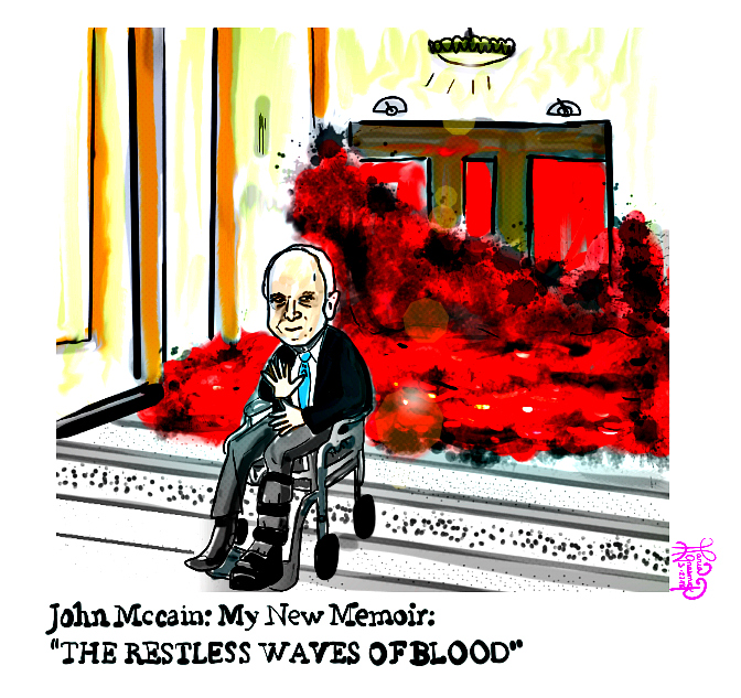 John McCAIN , New book, RESTLESS WAVE. Political Cartoon  🍳 🥓 🥞 post thumbnail image