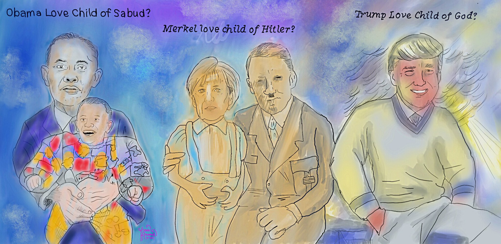 Donald Trump. Angela Merkel. Obama. Hitler. Sabud. Political Cartoon post thumbnail image