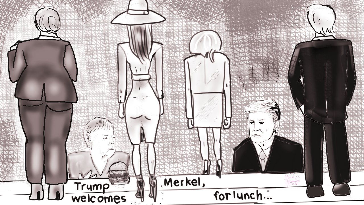 Donald Trump 🌅  meeting with Angela Merkel. Macron and Flotus. Political Cartoon. post thumbnail image