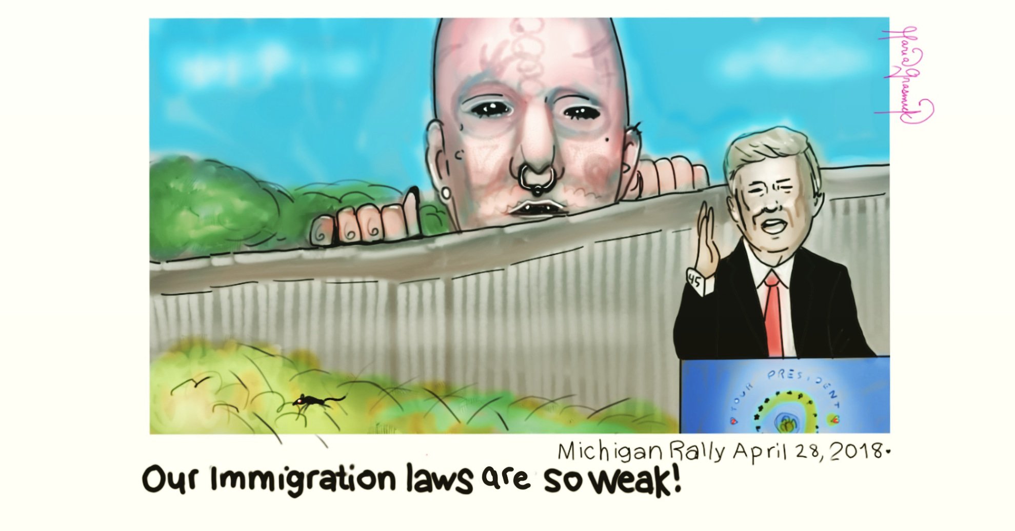 Donald Trump. Michigan Rally. Political Cartoon. Immigration laws are weak! post thumbnail image