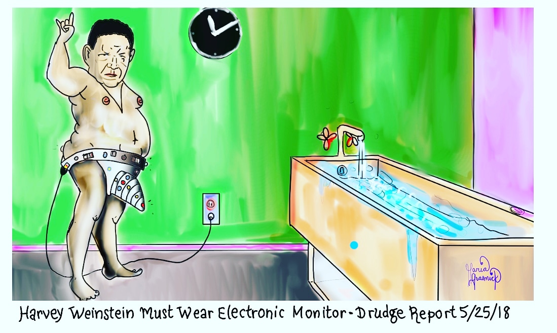 Harvey Weinstein must wear electronic device. Political Cartoon for DONALD TRUMP. I love him. post thumbnail image