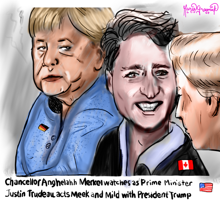 G7 Political Cartoon . Donald Trump Angela Merkel. Justin Trudeau. Meek Mild. post thumbnail image