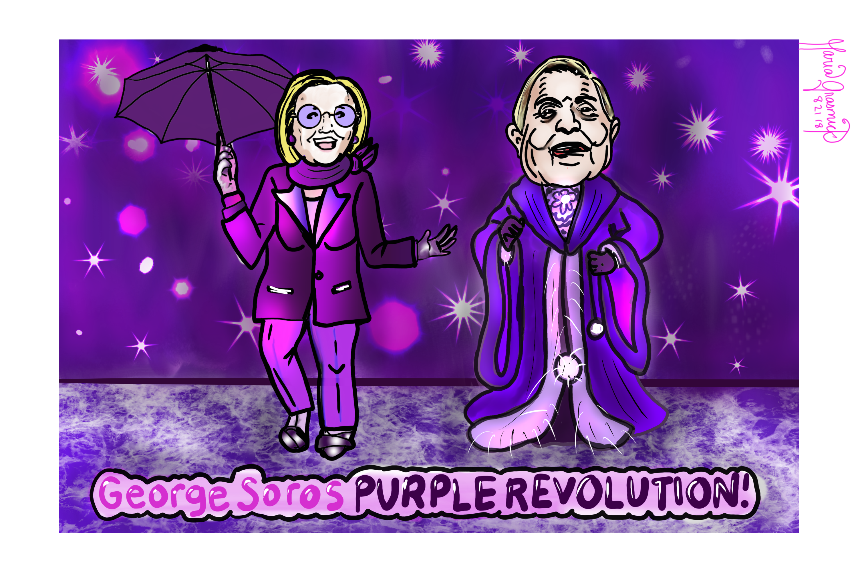 Purple Revolution.  Trump coup colors. Hillary Clinton.  George Soros. Political Cartoon. post thumbnail image