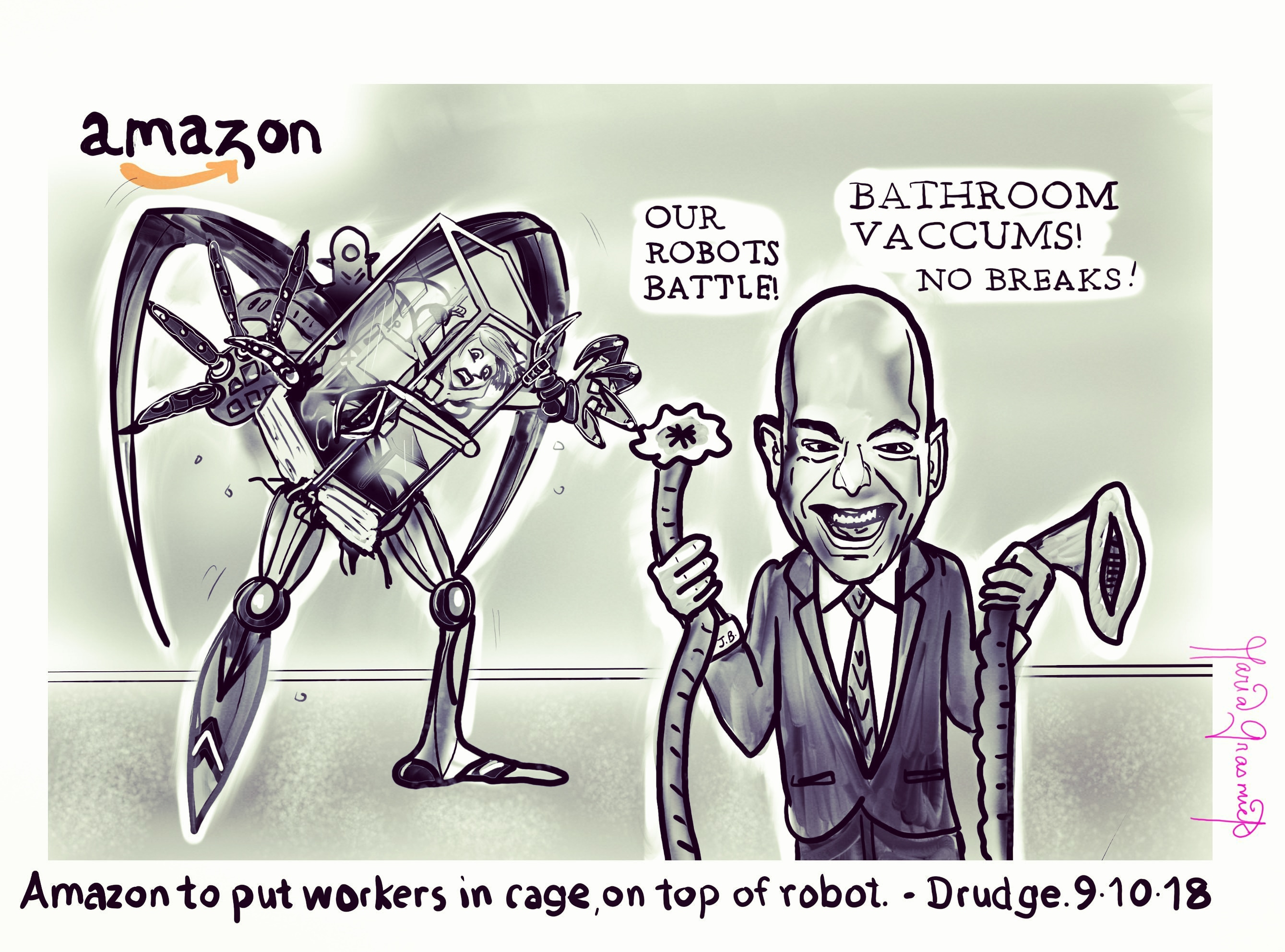 Amazon Jeff Bezos to put workers in cages on top of robot. #politicalcartoon 🐶🦁🐗🐂🐅 post thumbnail image