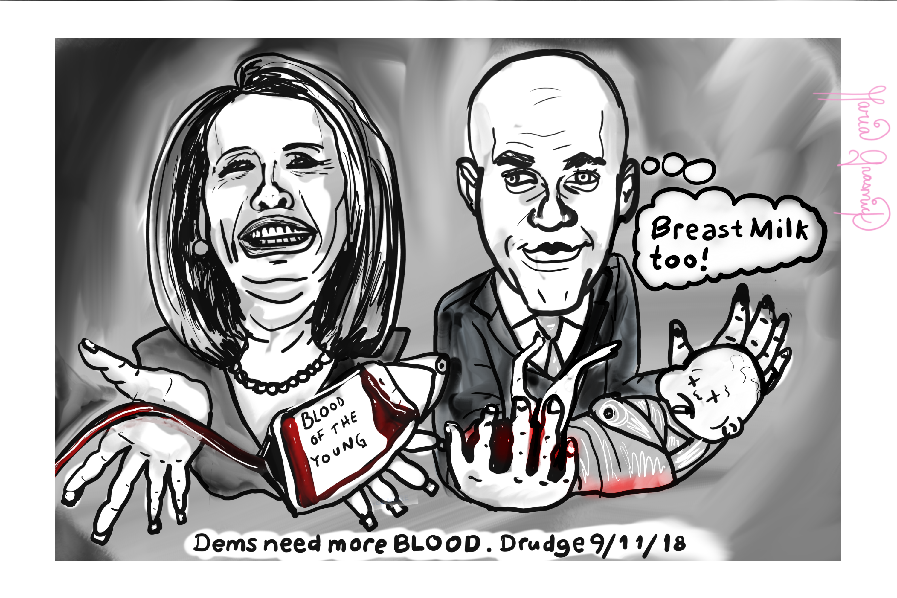 Nancy Pelosi. Corey Booker drinking eating blood. Political Cartoon 🔪 post thumbnail image