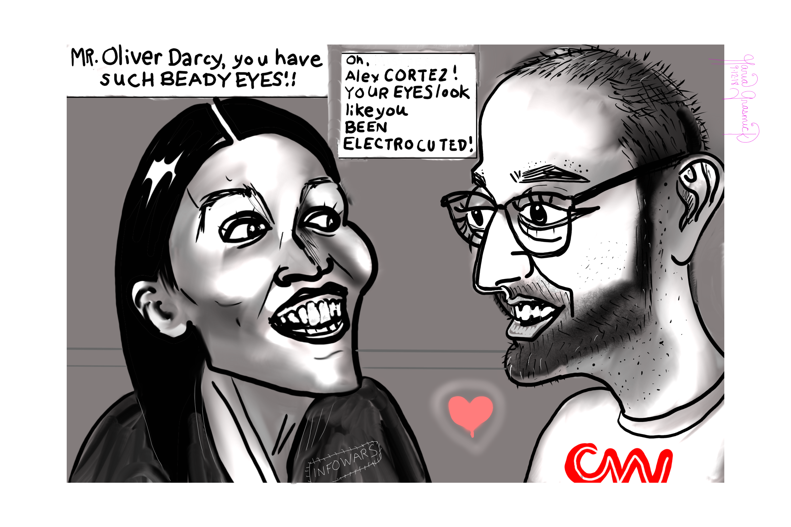 Alexandria Ocasio Cortez and CNN Oliver Darcy.  Alex Jones. Infowars. Political Cartoon 🌽 post thumbnail image