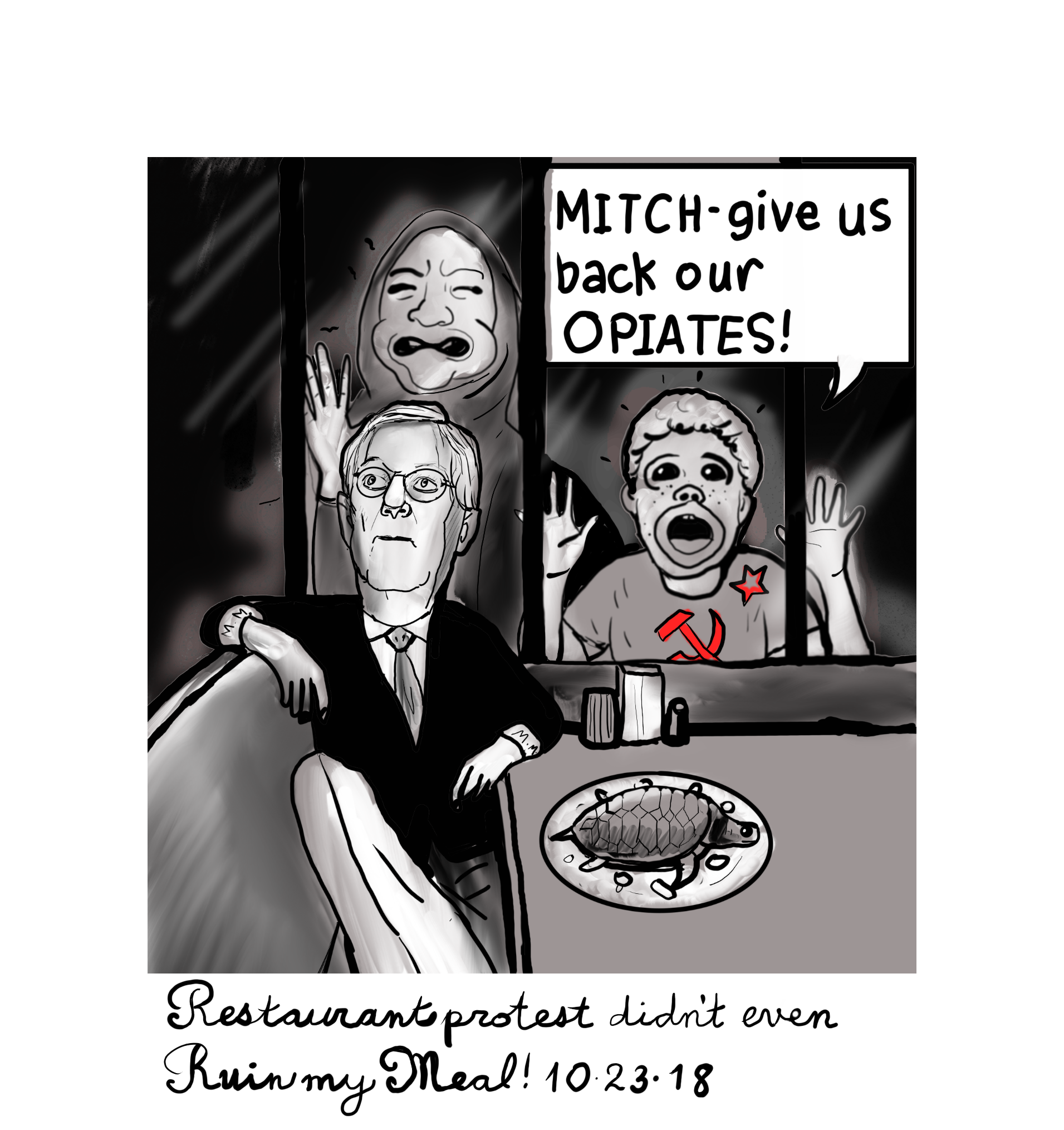Mitch McConnell restaurant protest political cartoon for Donald Trump  🍉 post thumbnail image