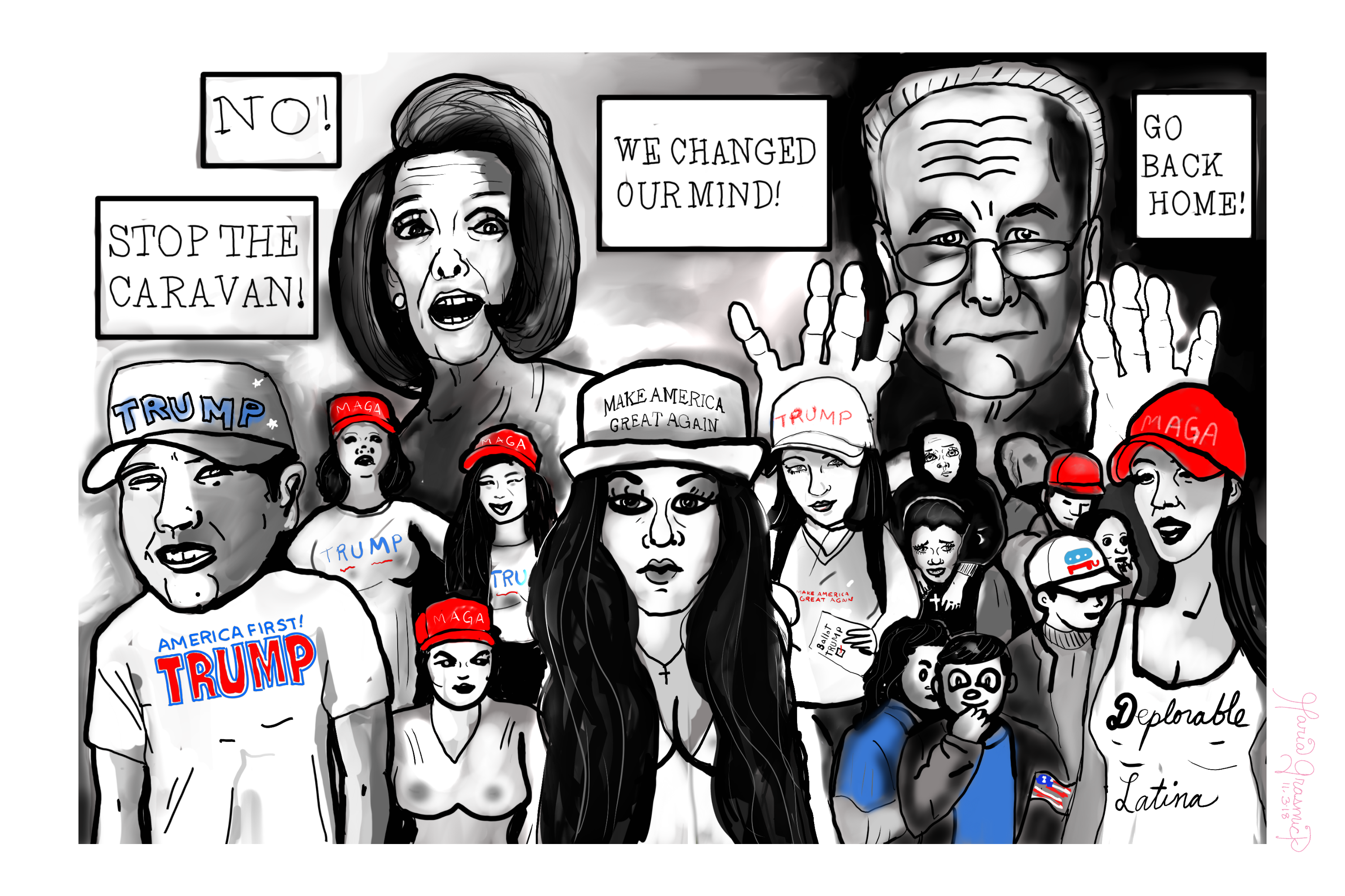 🦇 Nancy Pelosi political cartoon with GEORGE SOROS migrant caravan. Chuck Schumer post thumbnail image