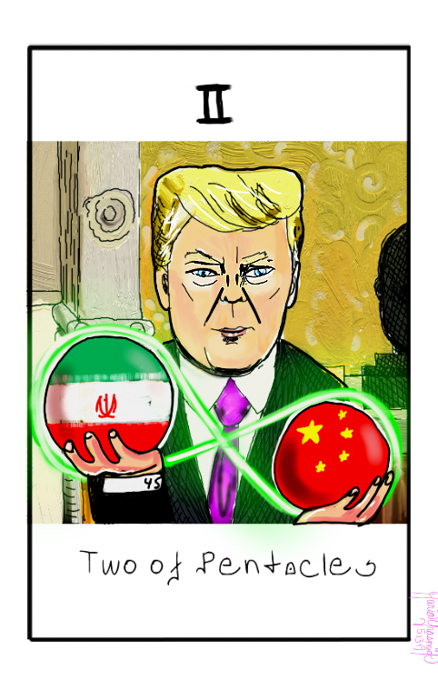 Donald Trump Tarot card political cartoon two of pentacles post thumbnail image