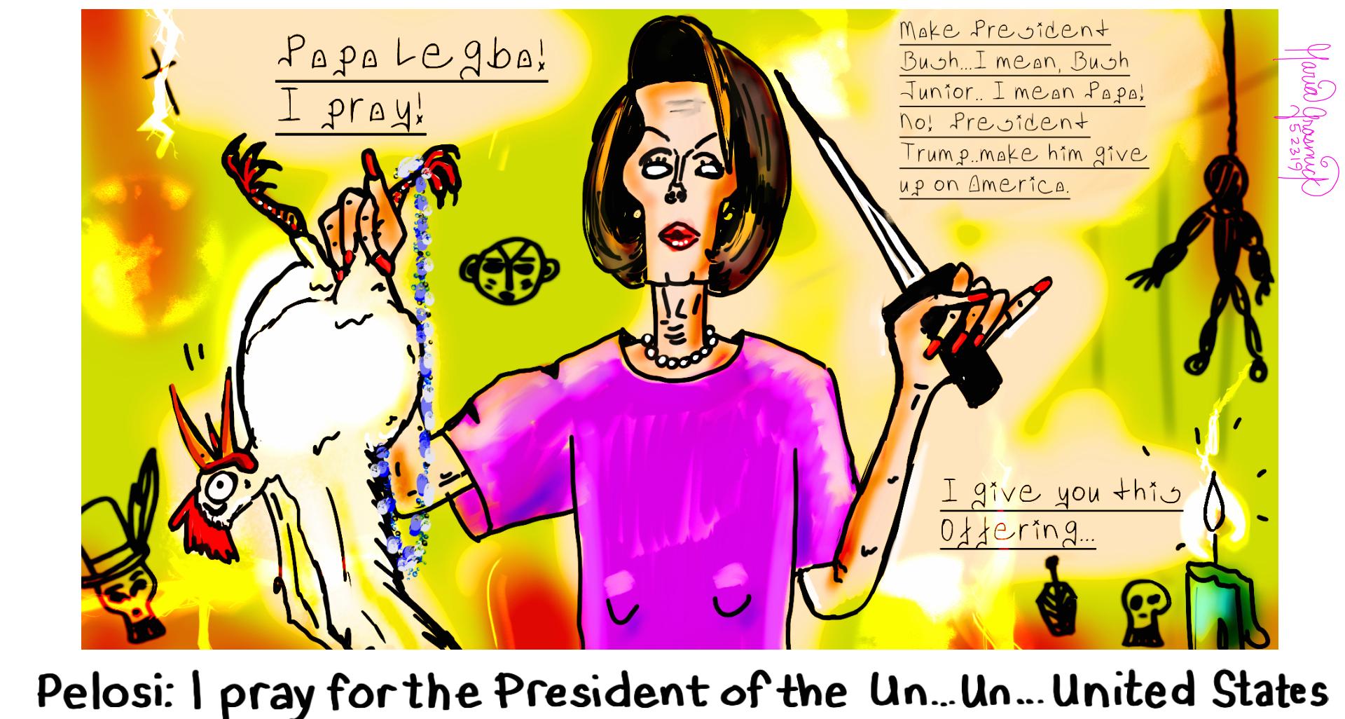 Nancy Pelosi Prays for Trump. Political cartoon 🍑 post thumbnail image