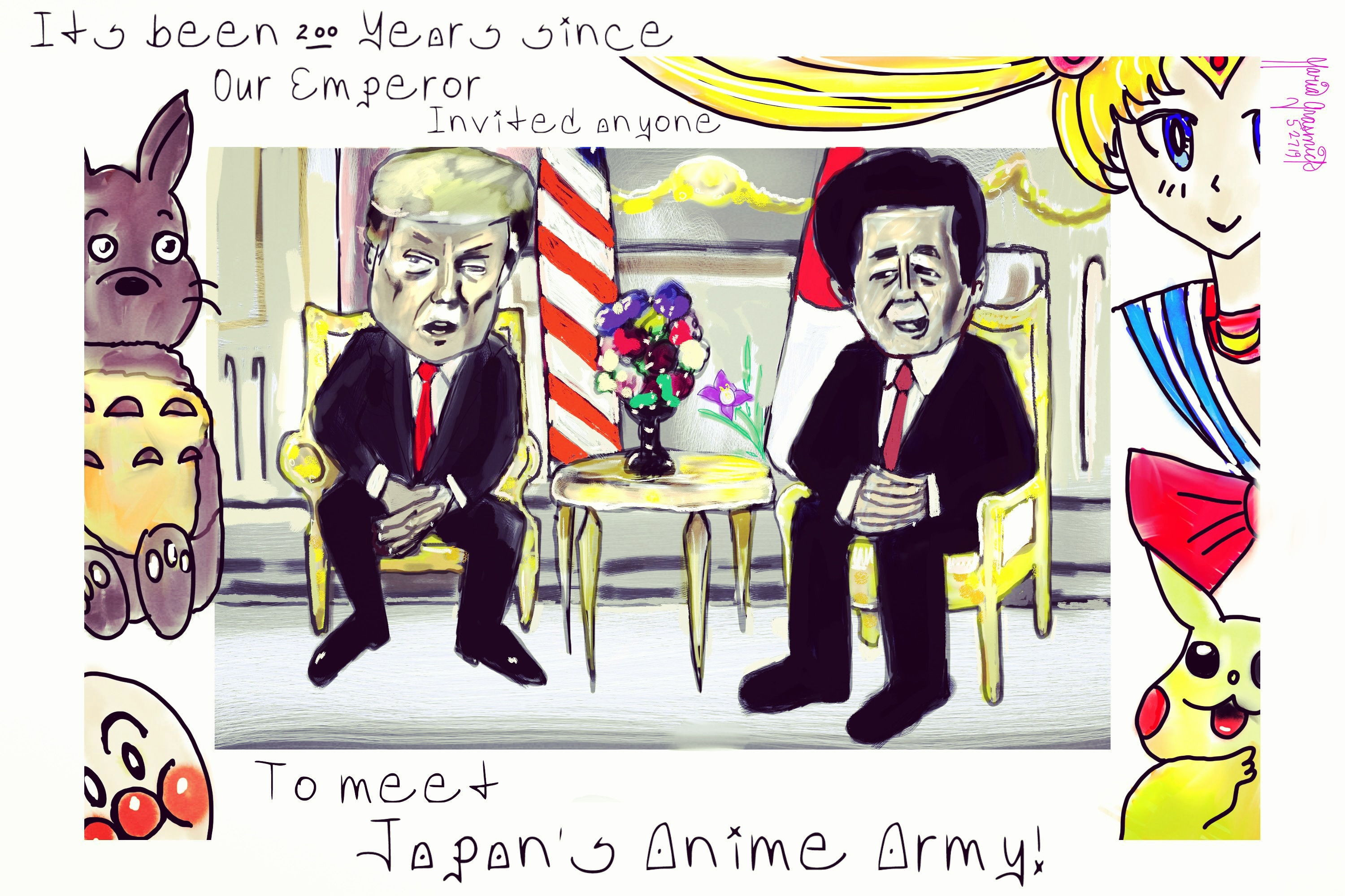 Donald Trump and Shinzo Abe Japan meeting. Political cartoon 🍎 post thumbnail image
