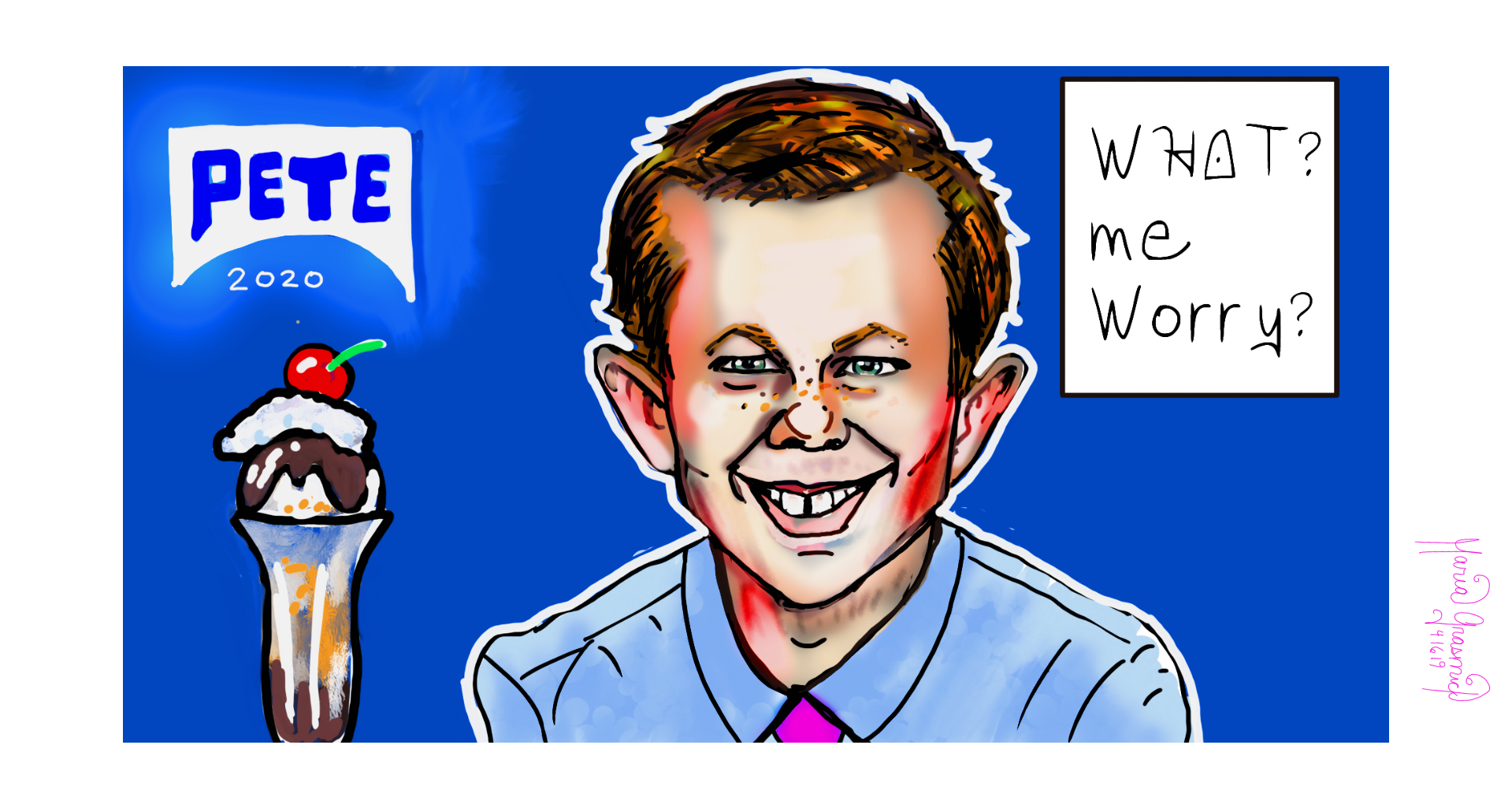 Pete Buttigieg, What me worry? Mad Magazine Alfred E Neuman Political cartoon. post thumbnail image