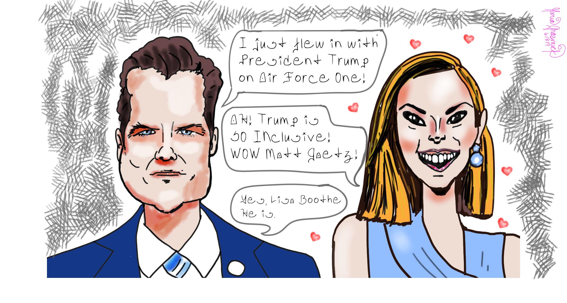Matt Gaetz and Lisa Marie Boothe on Sean hannity show. Political cartoon for Donald Trump. post thumbnail image