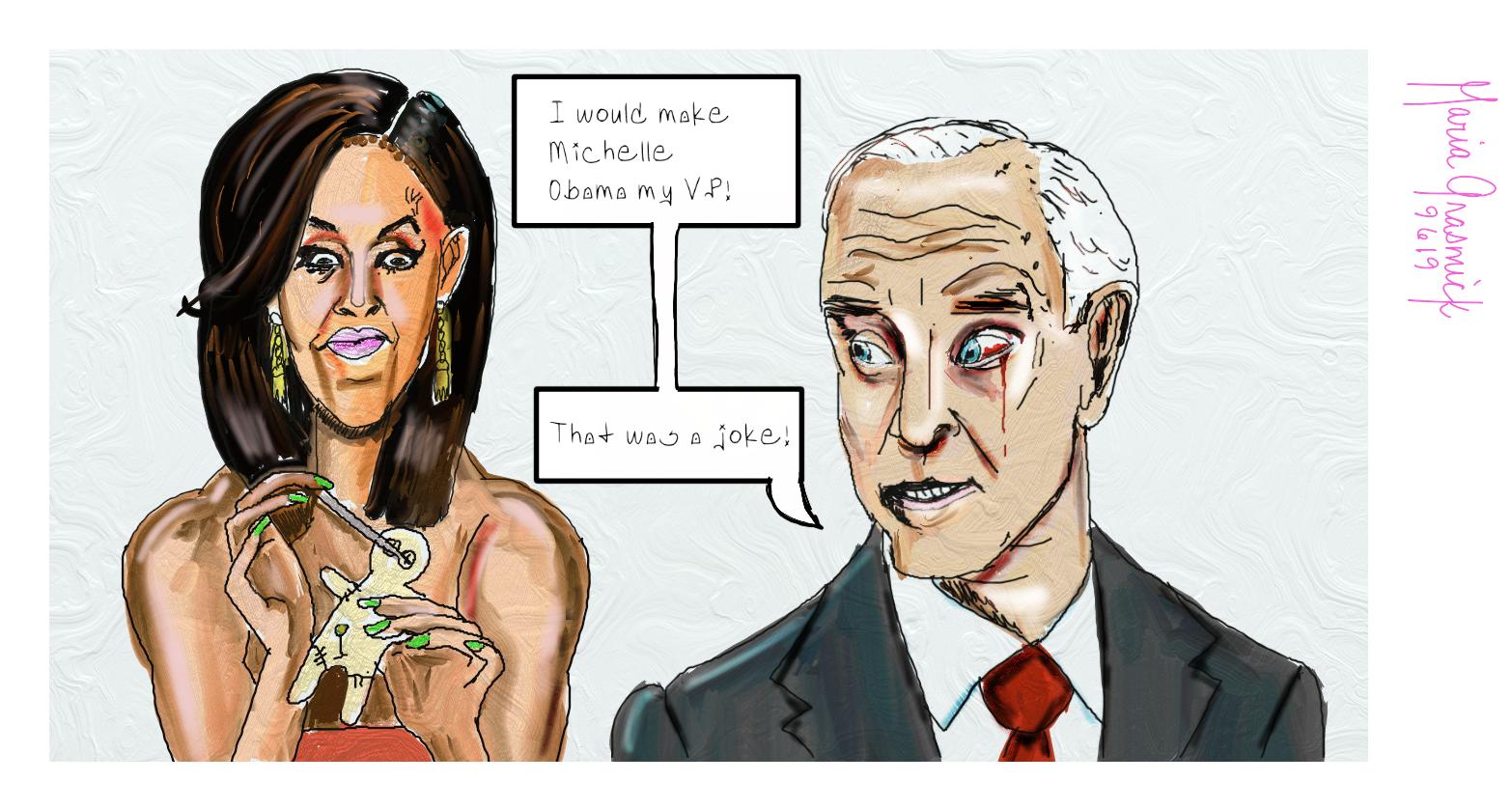 Joe Biden Bloody Eye 💉 Michelle Obama political cartoon post thumbnail image