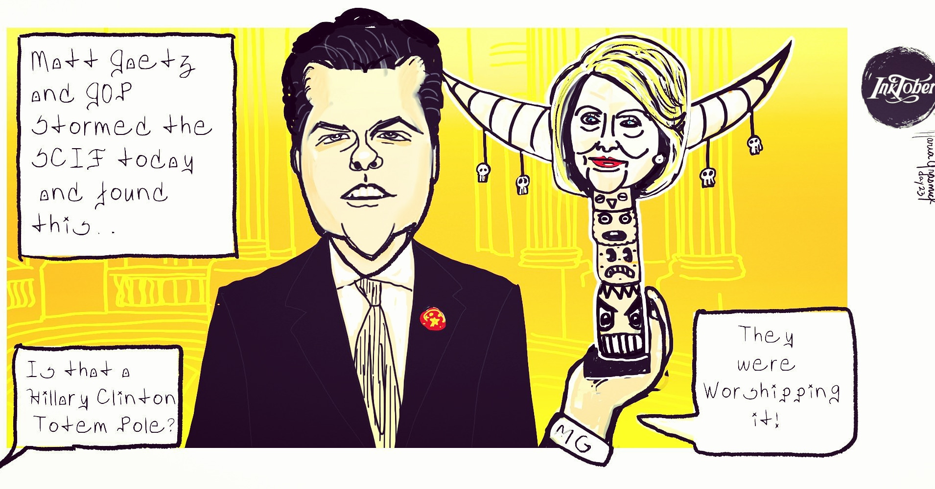 Matt Gaetz Donald Trump Hillary Clinton political cartoon scif impeachment hearings inktober ancient post thumbnail image
