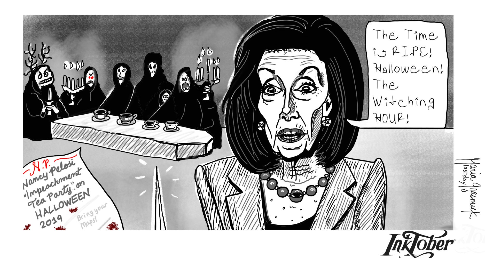 Nancy Pelosi Halloween 2019 impeachment inquiry inktober 2019 ripe. Political cartoon for Donald Trump post thumbnail image