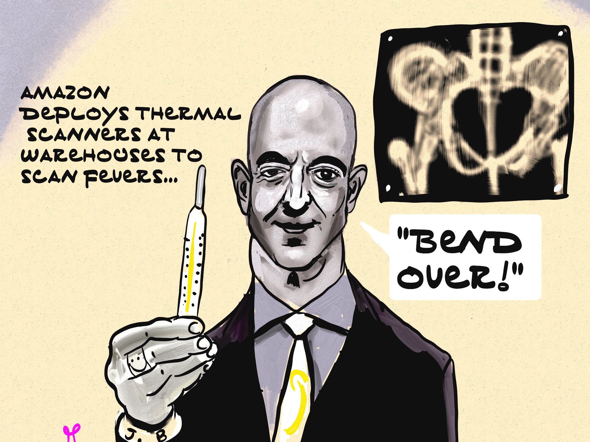 Jeff Bezos Amazon Warehouse Thermal Scanners Political Cartoon for President Donald Trump. Matt Drudge Report. post thumbnail image
