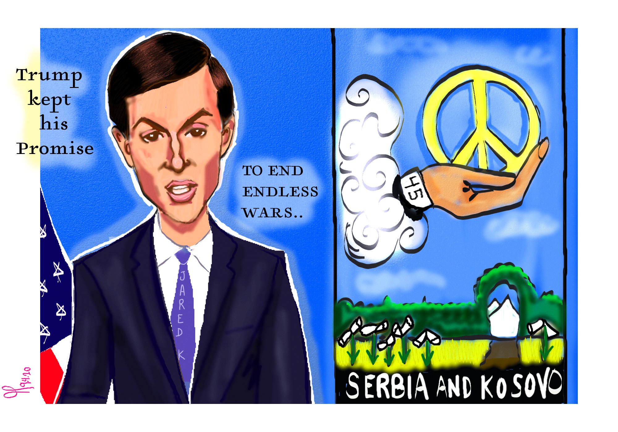 Jared Kushner Richard grenell political cartoons for President Donald Trump White House Press briefing kosovo-serbia post thumbnail image