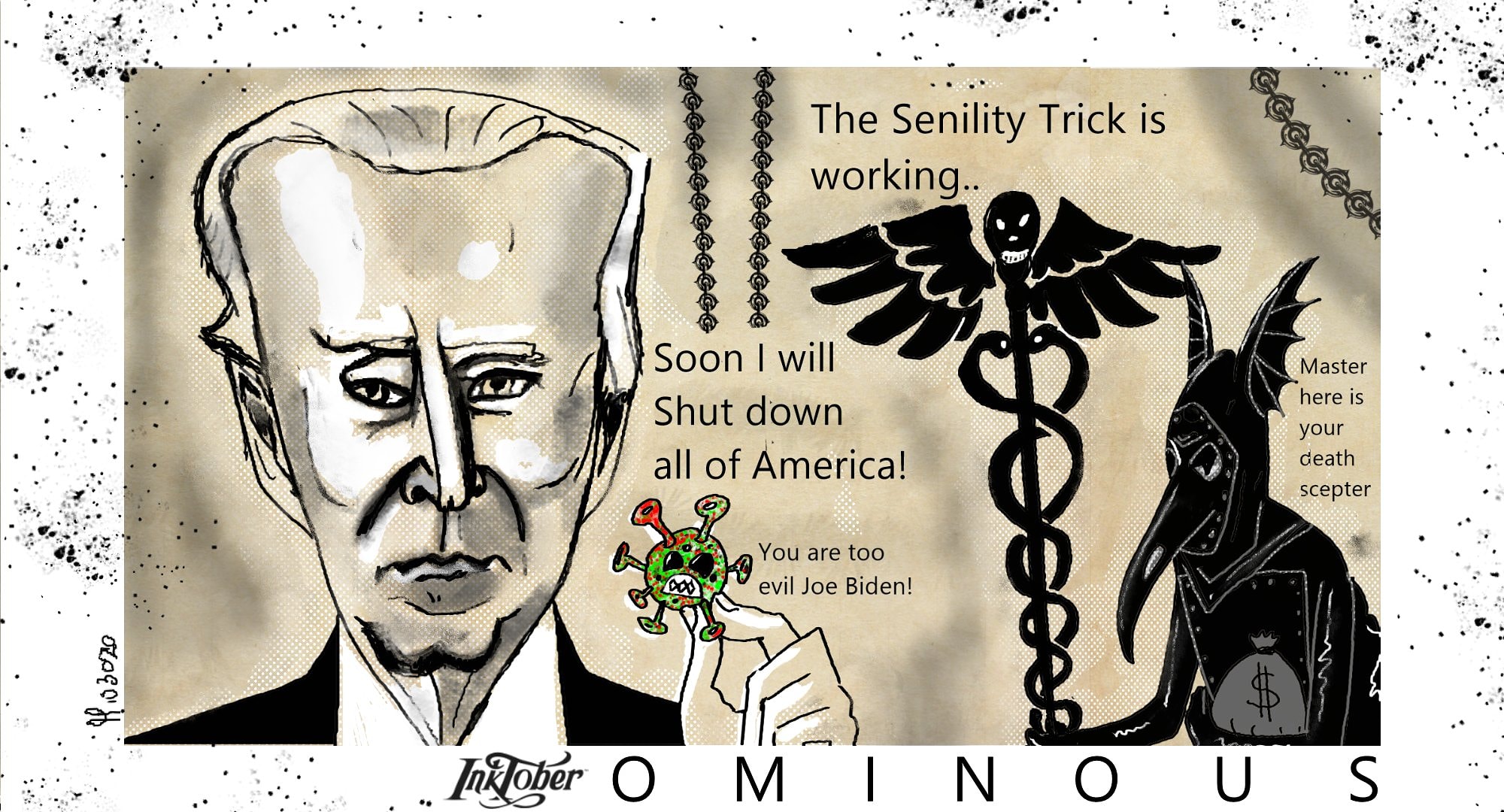 Inktober 2020 day 29 30 shoes 👞 ominous Joe Hunter Biden political cartoon post thumbnail image