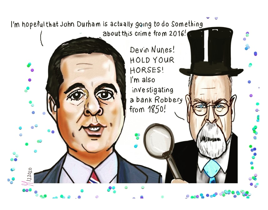 Congressman house intelligence Devin Nunes political cartoon John Durham Maria Bartiromo Fox News Sunday morning futures #politicalcartoon #donaldtrump #devinnunes #johndurham #spygate post thumbnail image