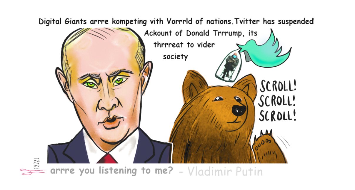 President Russian Federation🐻Vladimir Putin editorial Political Cartoon Davos Social Media Digital giants #vladimirputin #WorldEconomicForum #bigtech #donaldtrump #Davos2021  #russianbear #wef21 #putin post thumbnail image