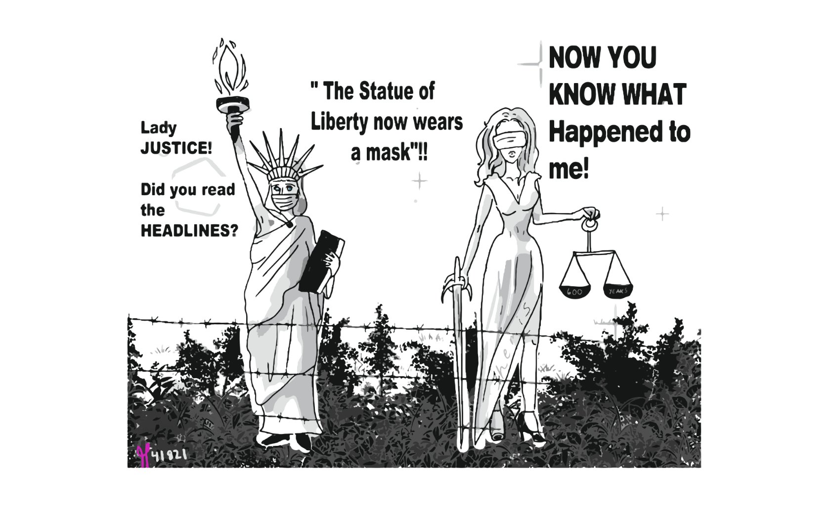 Statue of Liberty Themis Lady Justice blindfold political editorial cartoon masks 😷 President Donald Trump post thumbnail image