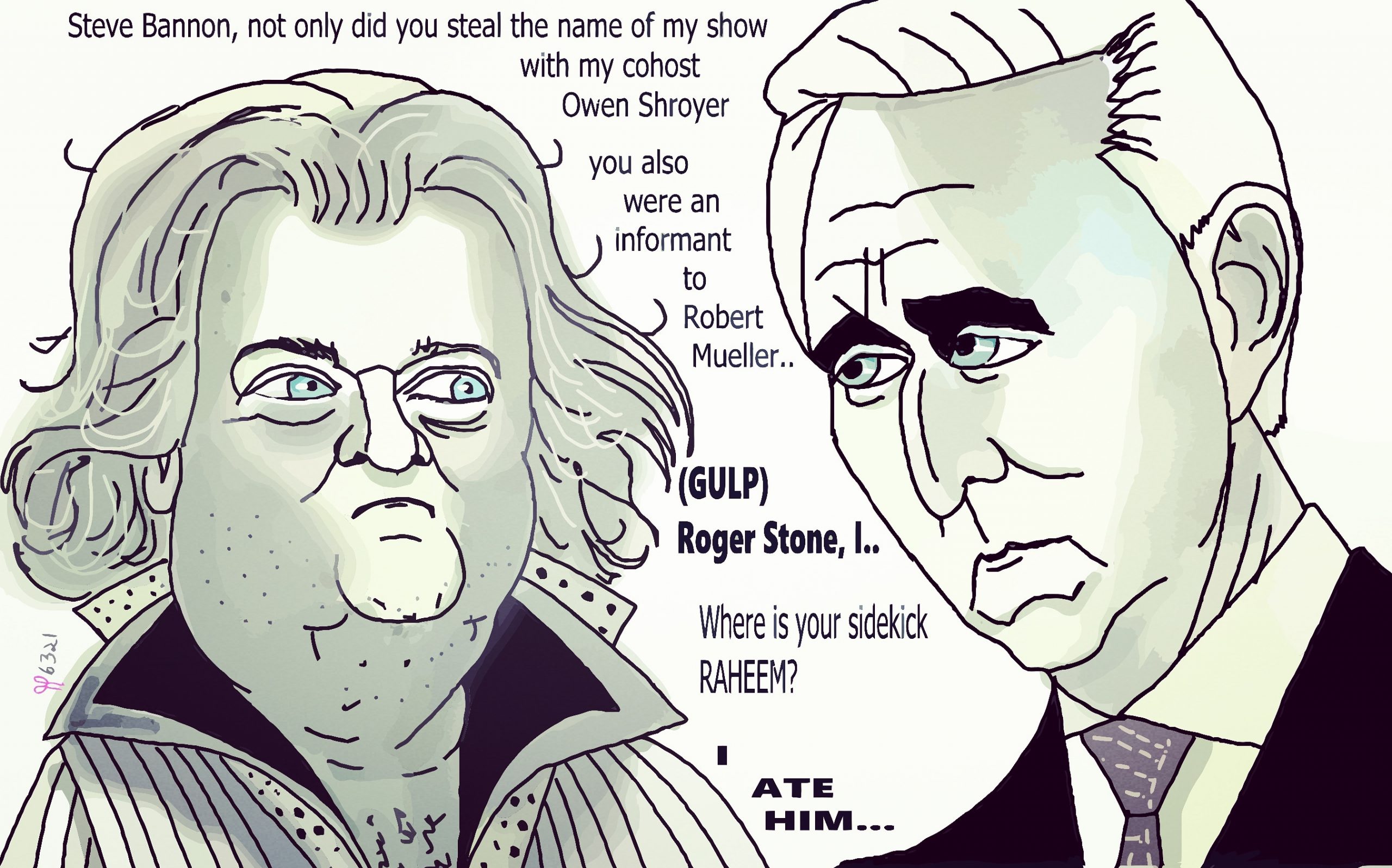 Roger Stone Steve Bannon War room show Owen Shroyer political editorial cartoon 😀 post thumbnail image