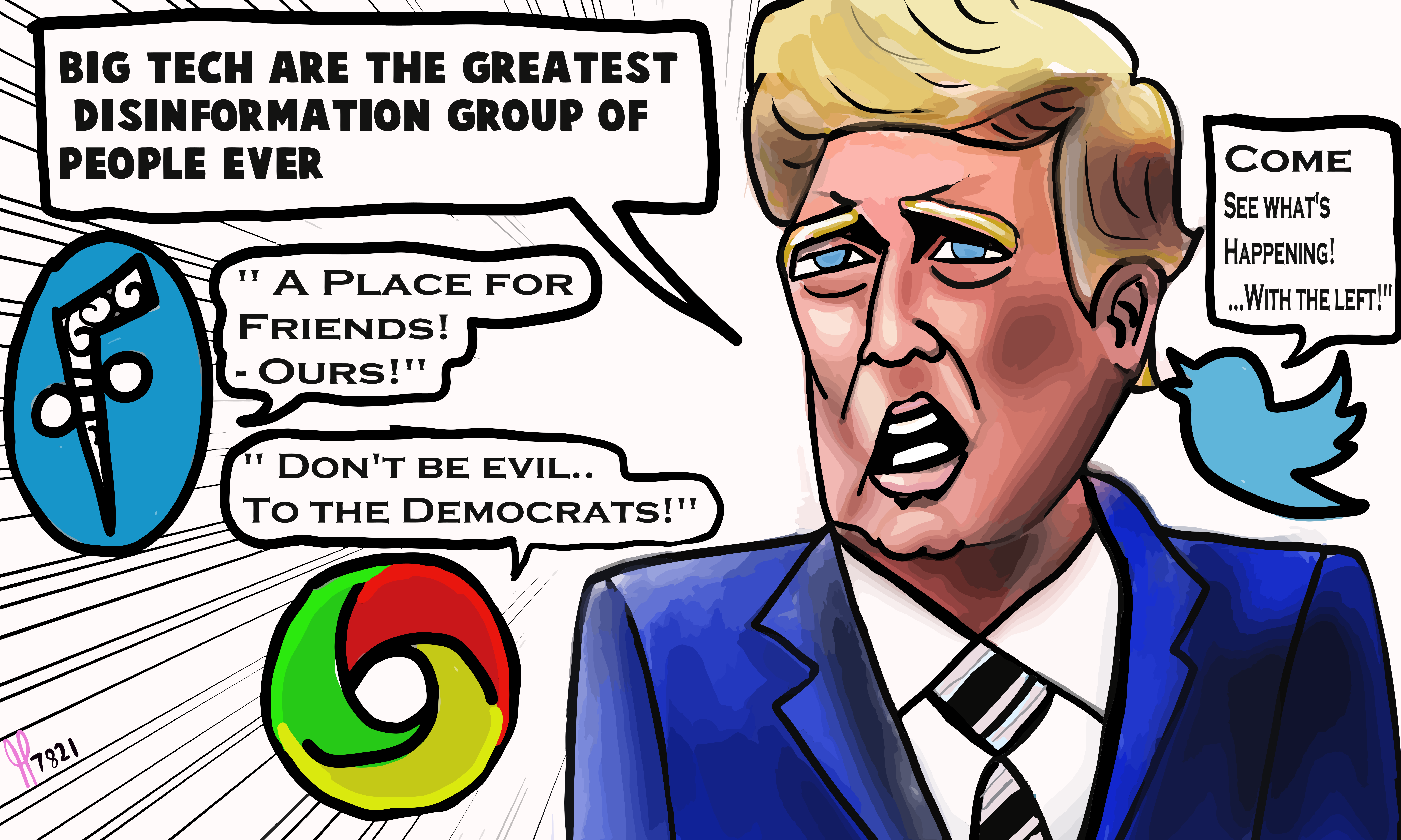 President Donald Trump sues Google Twitter Facebook Political Cartoon post thumbnail image