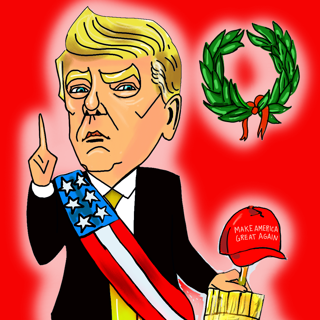 President Donald Trump with American Fasces Phrygian Cap – MAGA hat. Political Cartoon NFT post thumbnail image