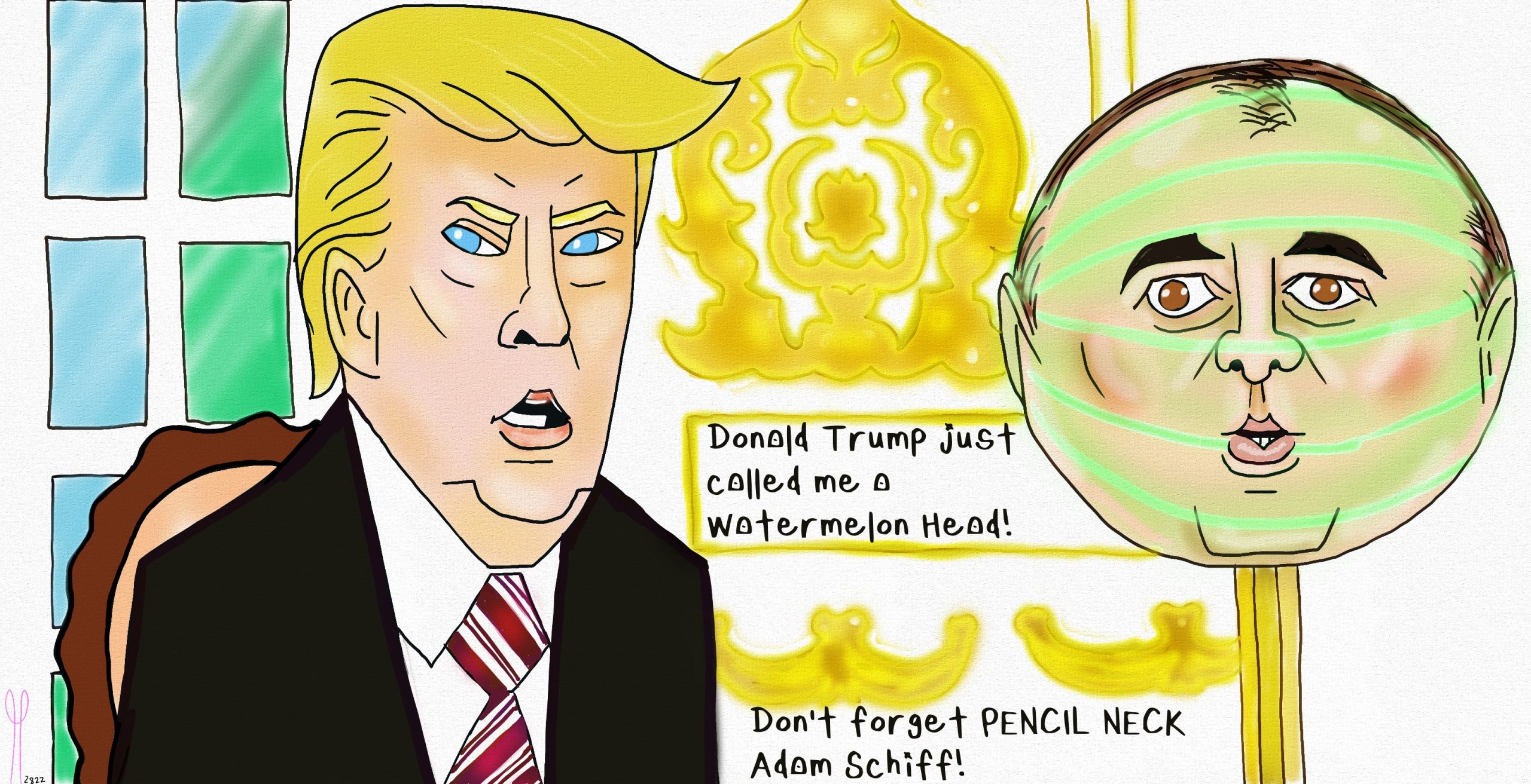 Political cartoon of President Donald Trump calling Adam Schiff a watermelon head post thumbnail image