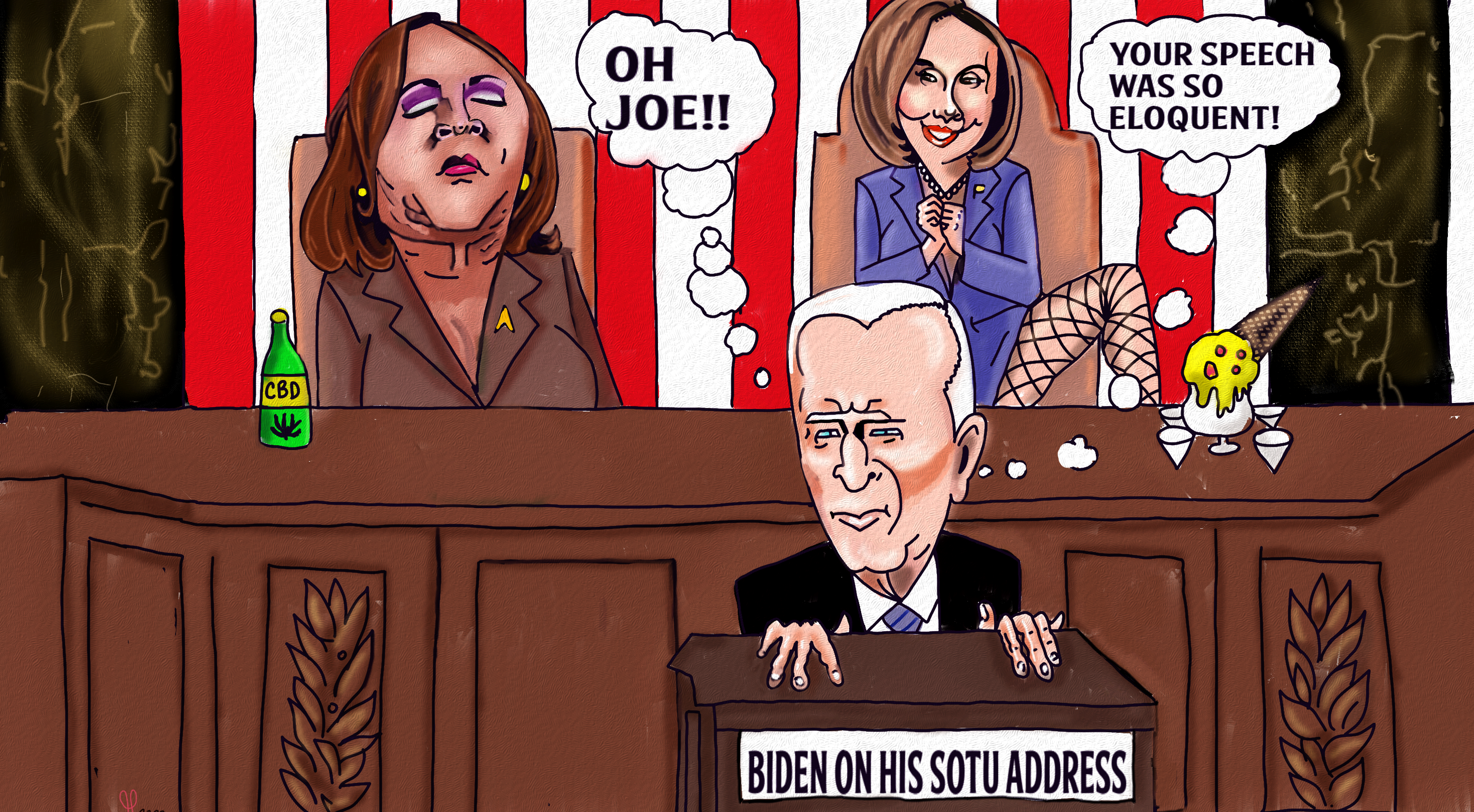 Political Cartoon Joe Biden Kamala Harris Nancy Pelosi State of the Union address Elijah Schaffer Contest 2022 #SOTU #sotu22 #sotu2022 #joebiden #kamalaharris #nancypelosi #housegop post thumbnail image