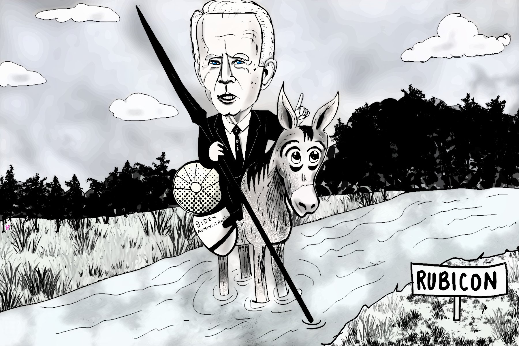 Craiyon A.I Art app to help with Joe Biden Crossing the Rubicon political cartoon nft post thumbnail image