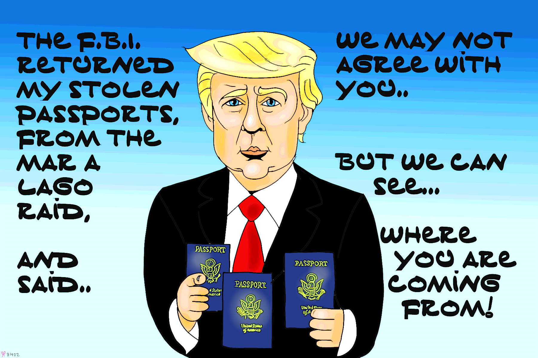 President Donald Trump Political Cartoon Mar A Lago raid Passports stolen NFT post thumbnail image