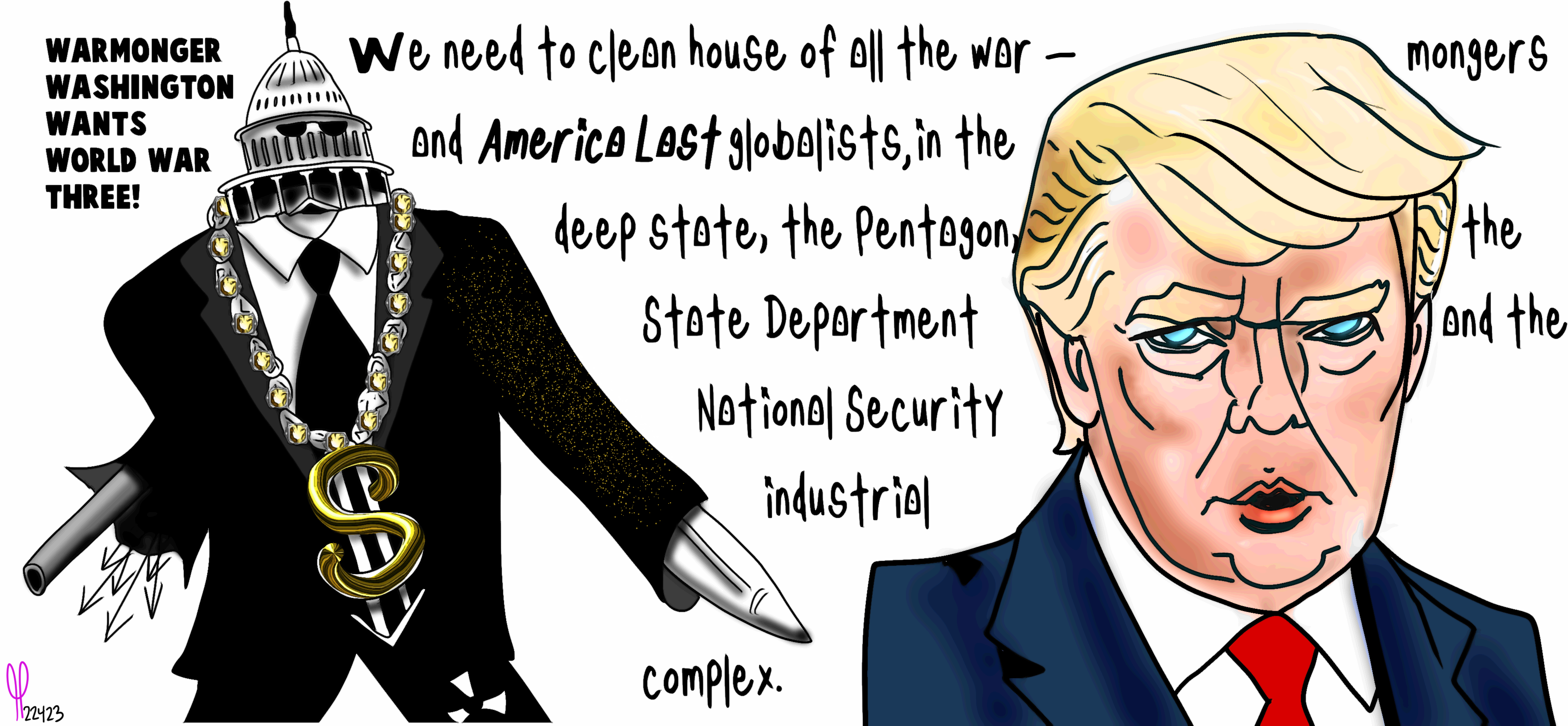 Donald Trump versus WARMONGER WASHINGTON Political Cartoon. America Last Globalists, Political Cartoon nft post thumbnail image