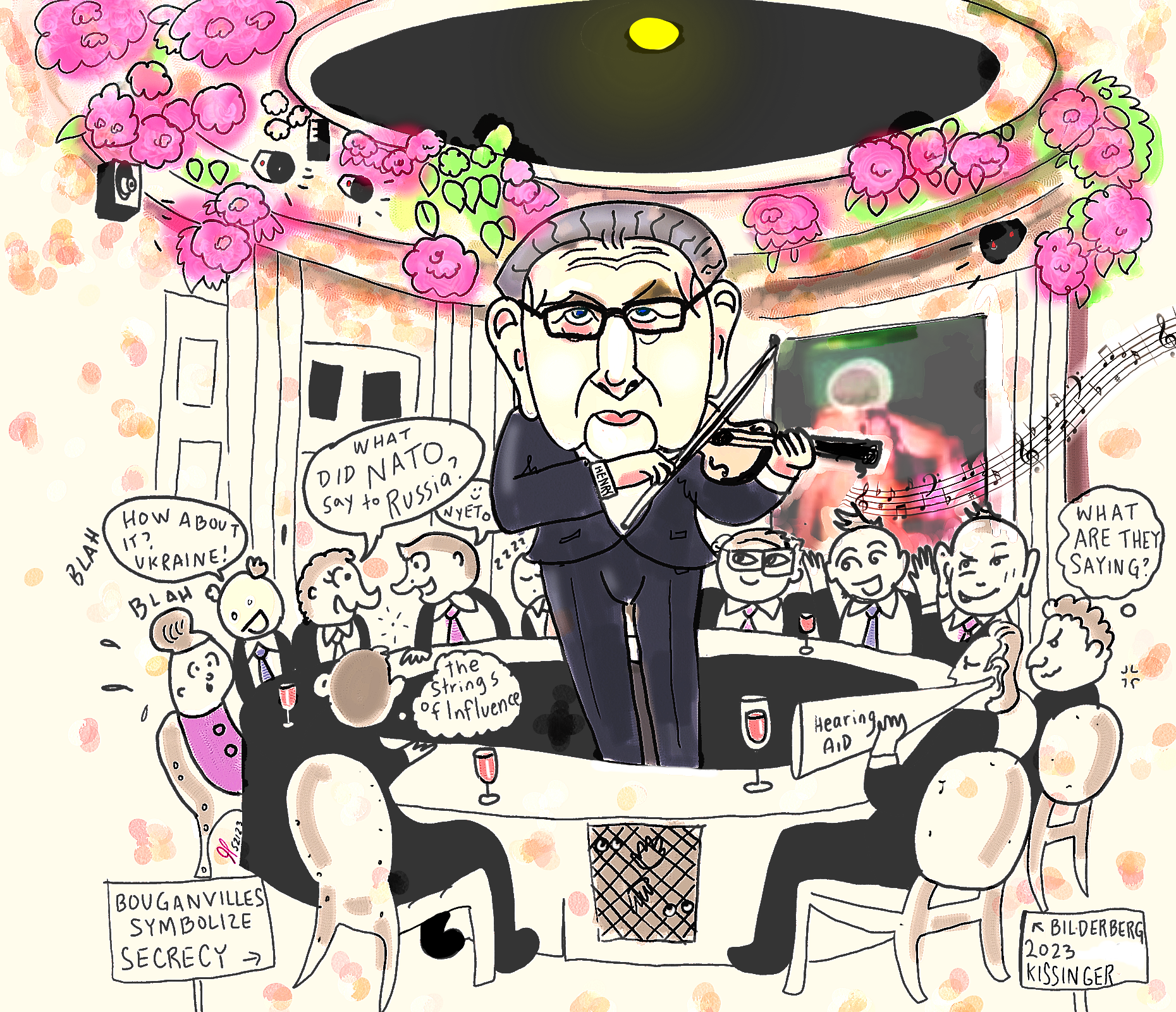 Bilderberg 2023 Political cartoon Henry Kissinger and Secrecy Melodies of Power, Strings of influence. post thumbnail image