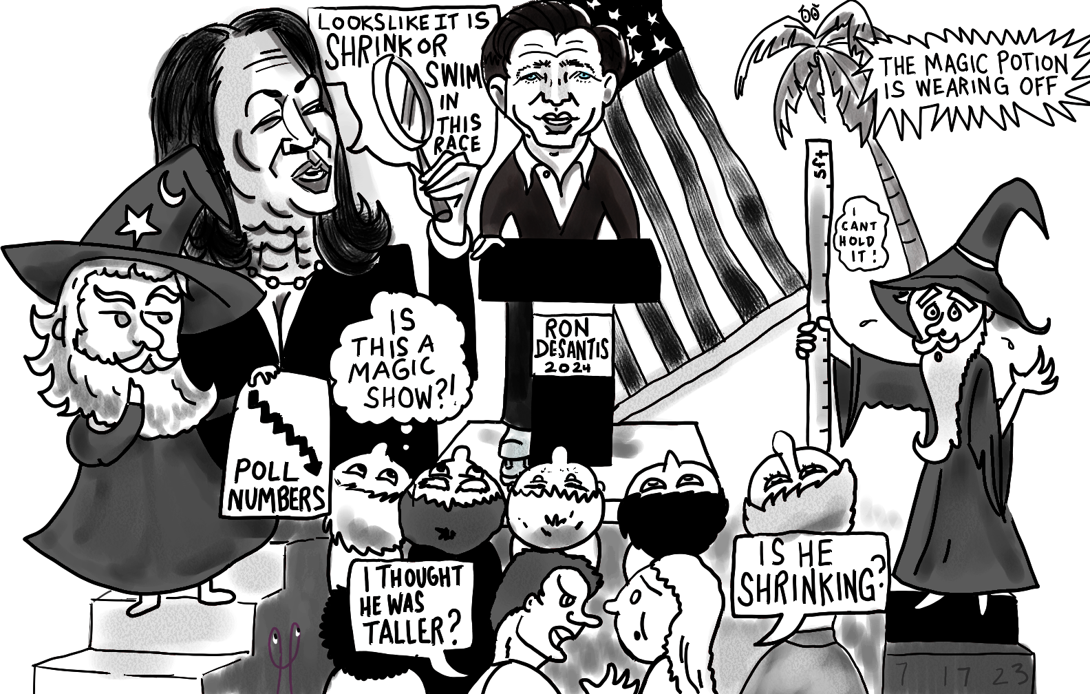 Ron Desantis the INCREDIBLE SHRINKING CANDIDATE political cartoon based on article by CHARLES HURT in Washington Times post thumbnail image