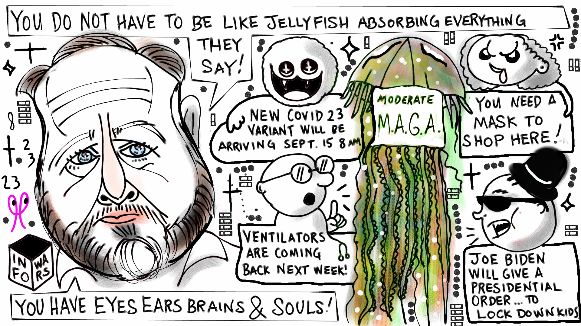 ALEX JONES INFOWARS POLITICAL CARTOON about Moderate MAGA REPUBLICANS like Jellyfish and reminding them of their divinity. post thumbnail image