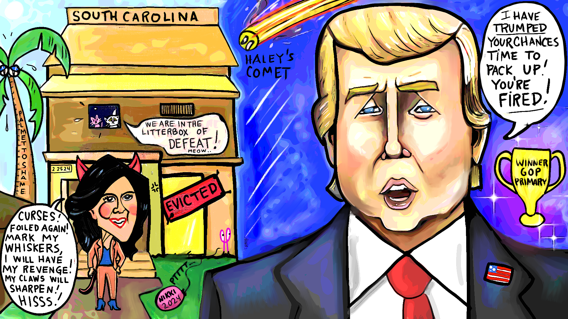 President Donald Trump political cartoon with cornered cat Nikki Haley. Gop primary 2024 South Carolina post thumbnail image