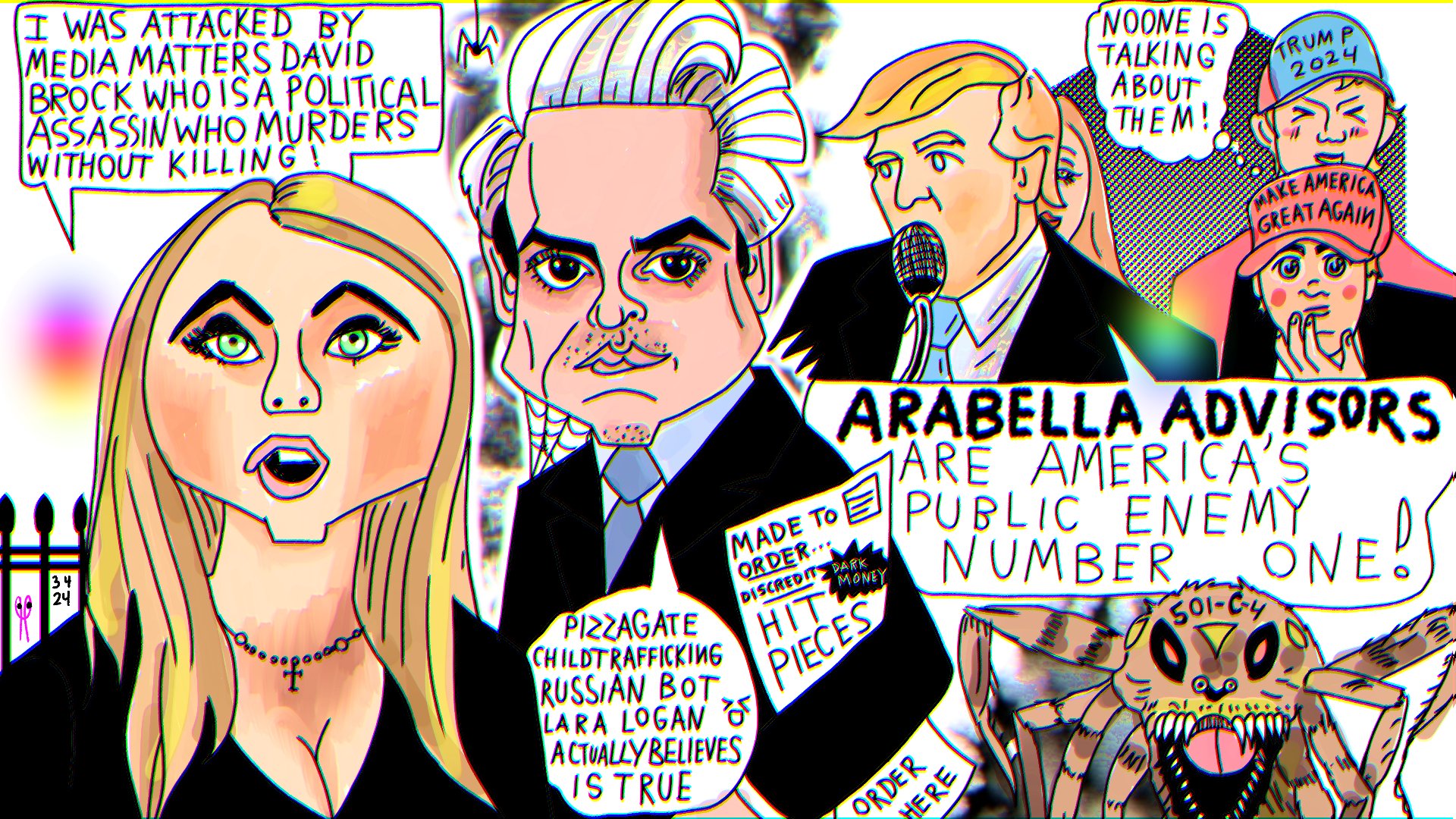 President Donald Trump and Lara Logan with David Brock Media Matters Arabella Advisors Political cartoon post thumbnail image