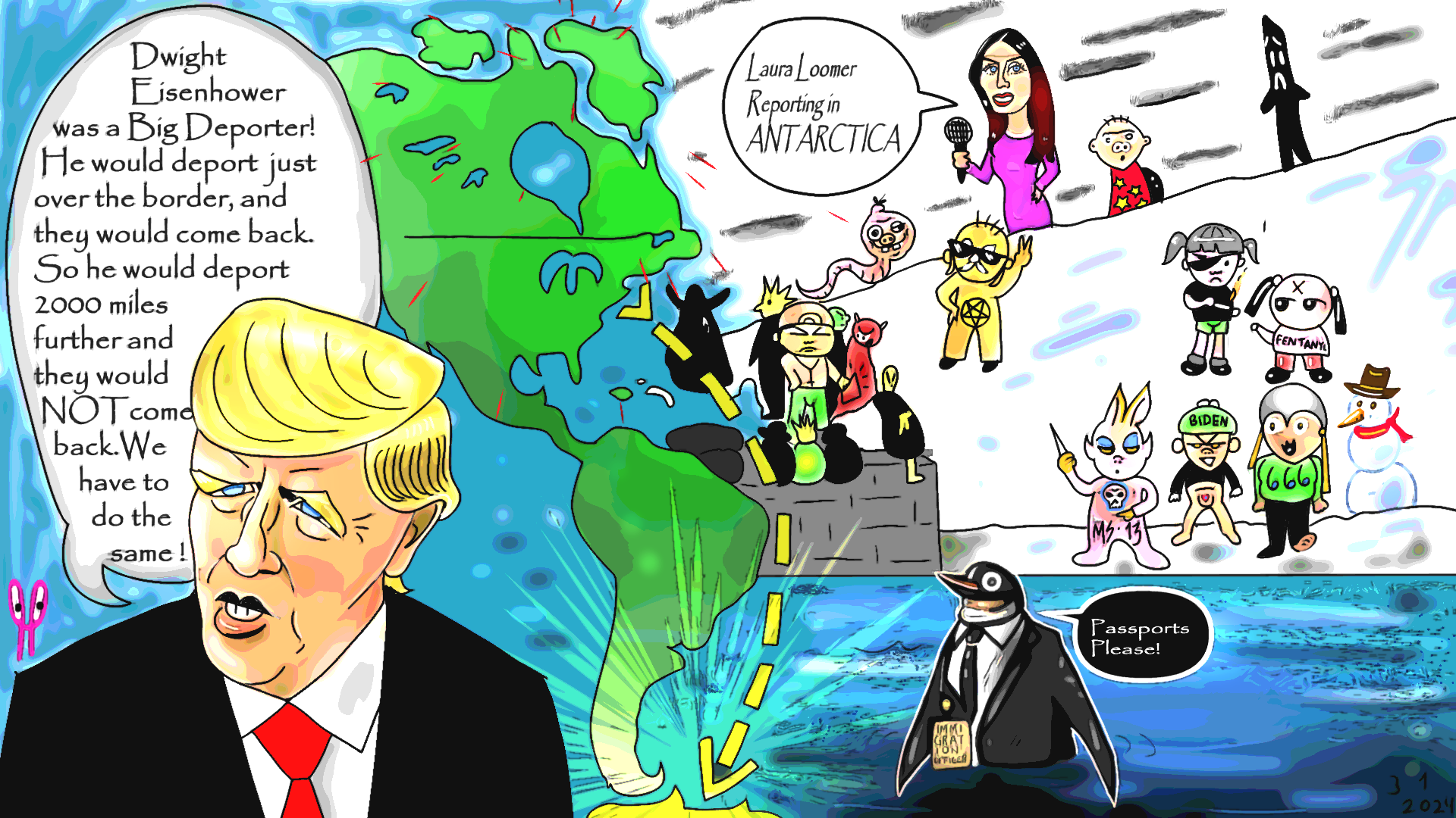 Political Editorial cartoon President Donald Trump Laura Loomer ❤️  Border Deportation Dwight Eisenhower Mexico #DonaldTrump #LauraLoomer #politicalcartoon post thumbnail image