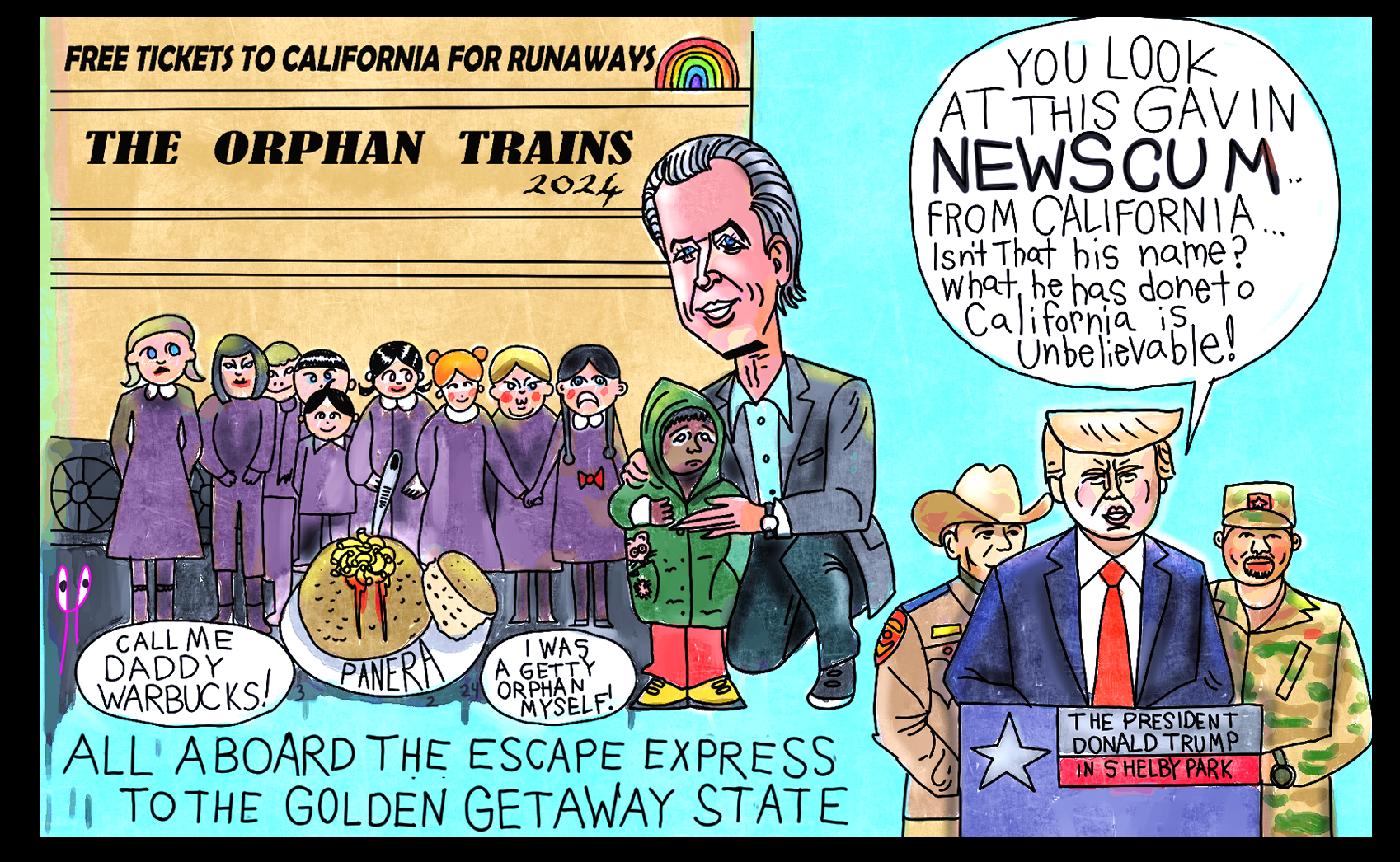 President Donald Trump Political cartoon with Gavin Newsom ” Newscum ” Texas Shelby Park Eagle Pass Orphan Trains Panera bread 🍞 post thumbnail image
