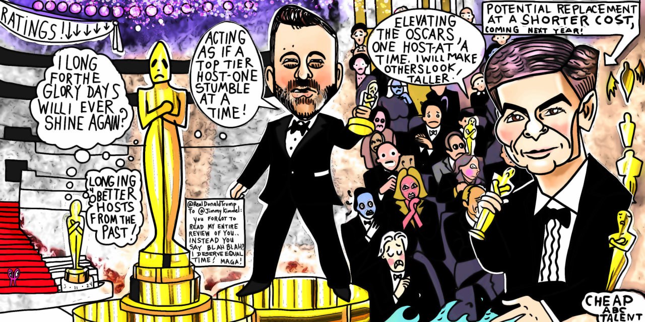 Oscars 2024 Academy Awards Political cartoon for President Donald Trump with Jimmy Kimmel and George Stephanopoulos post thumbnail image