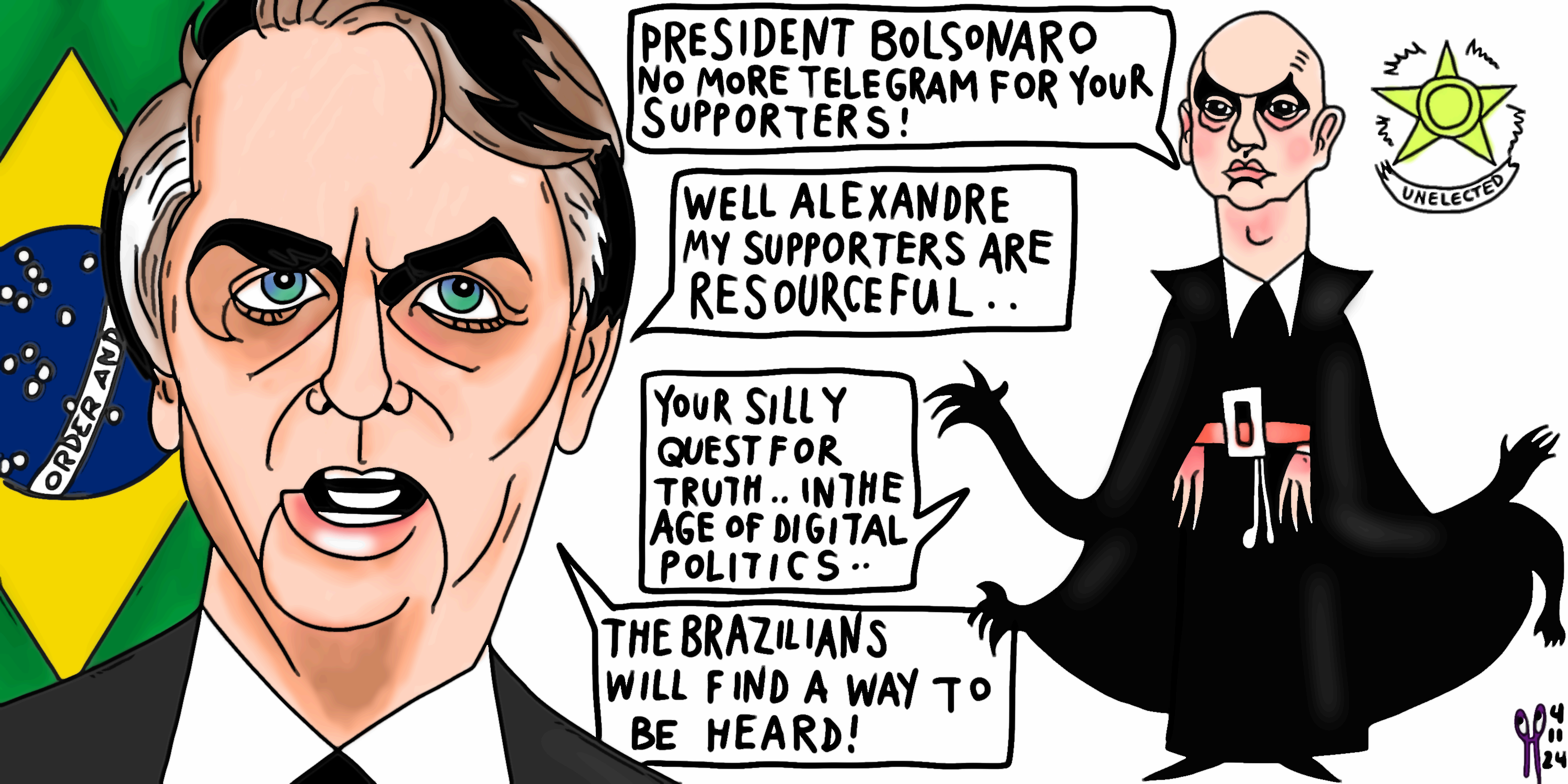 President Jair Bolsonaro and Unelected Supreme Court Justice Batboy Alexandre De Moraes Political Cartoon. Charge política do Presidente o e do Ministro não eleito do Supremo Tribunal Federal post thumbnail image